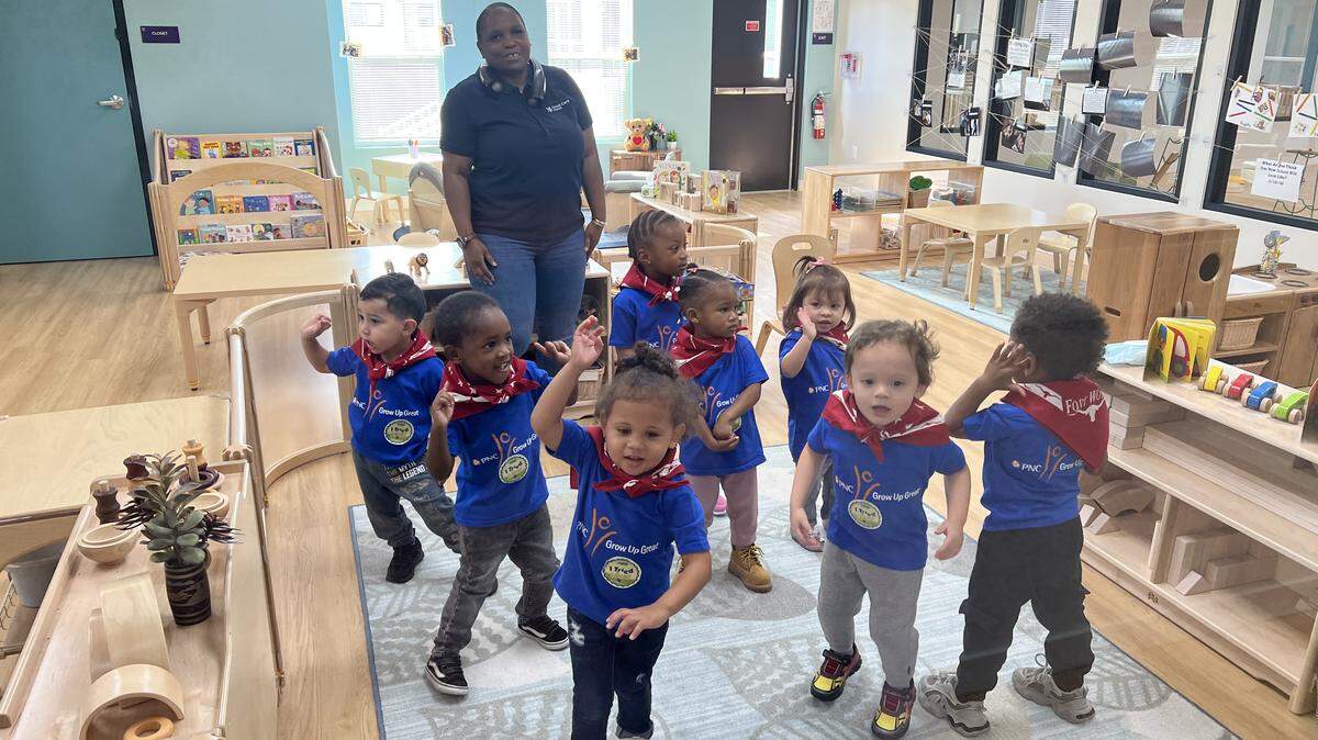 A class of 2-year-old students dance at the Child Care Studio at Rise in Fort Worth’s Las Vegas Trail neighborhood on May 7, 2026.
